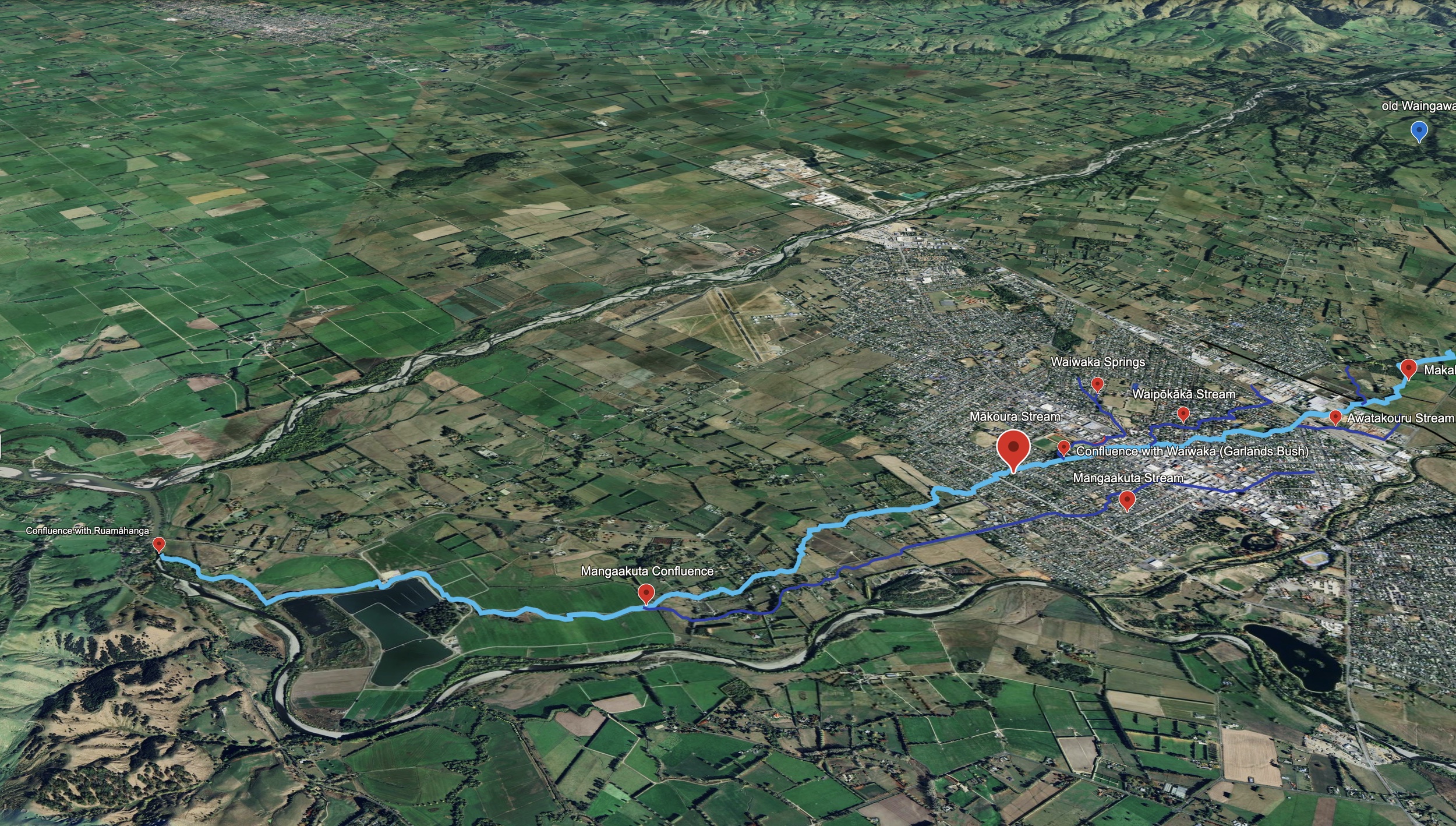 The Mākoura Stream and its tributaries. The stream runs through Masterton from (top right) to the Ruamahunga River, (left).