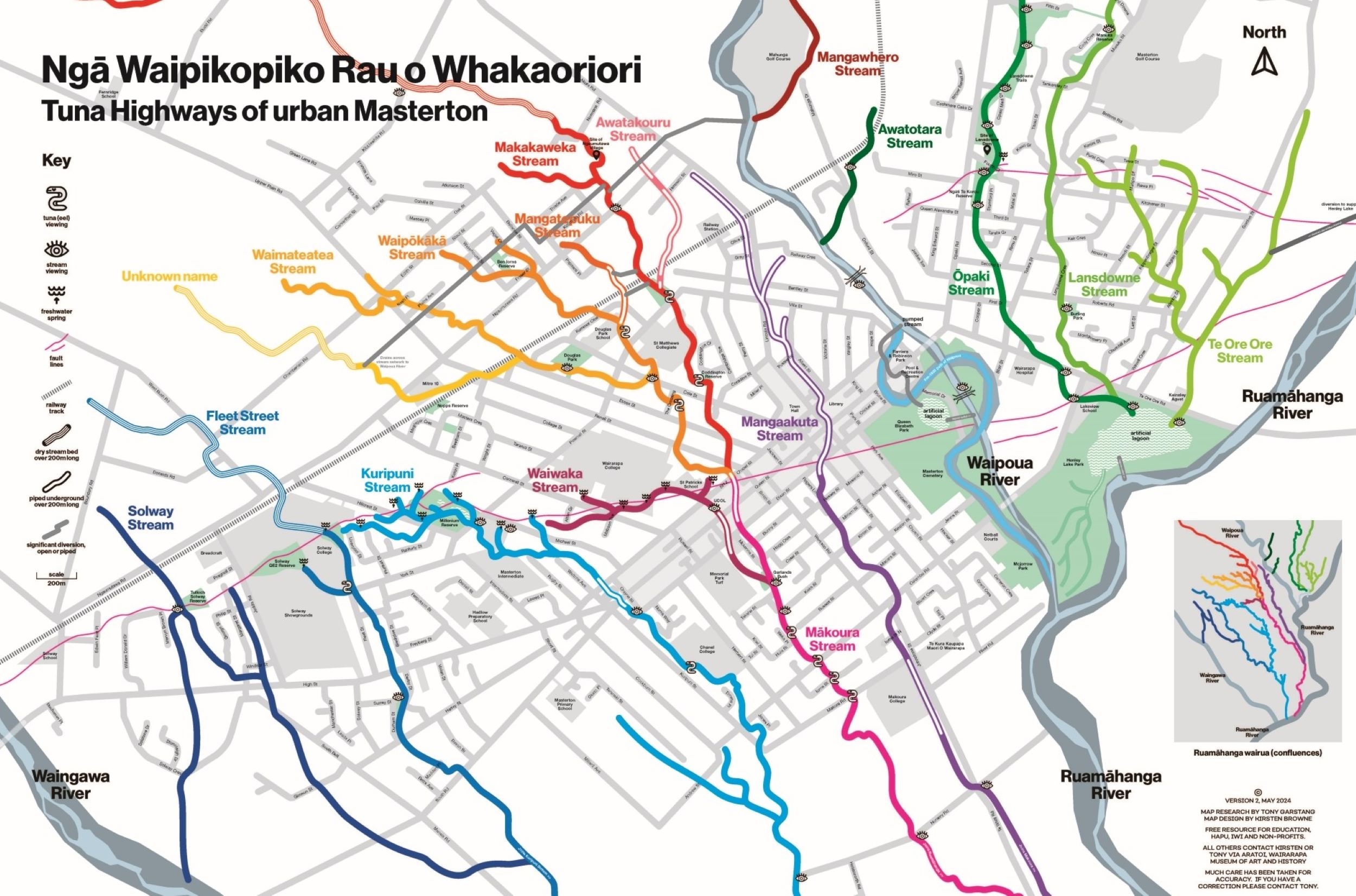 Ngā Waipikopiko Rau o Whakaoriori; Tuna Highways of urban Masterton. Map of the streams in Masterton town area including underground diversions and locations where tuna (eels) can be found.
